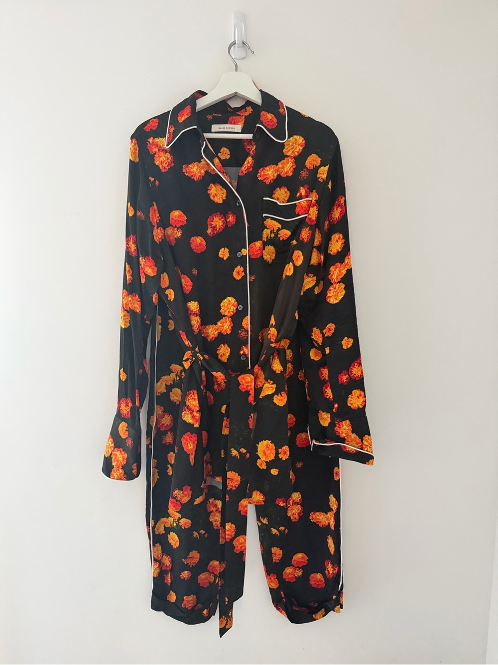 Wales Bonner Black Floral Satin Robe with Orange and Red Blooms